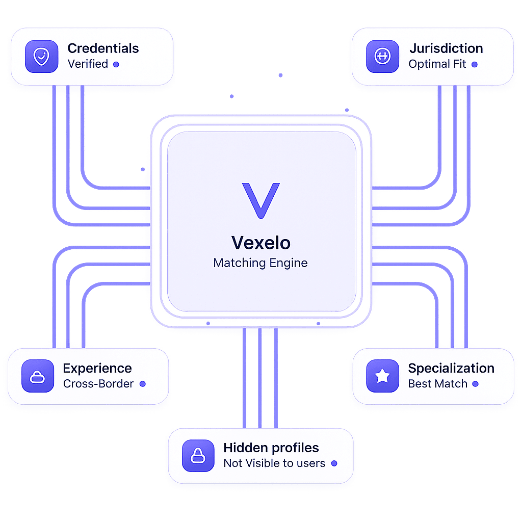 Vexeio matching engine with credentials, jurisdiction, experience, specialization, and hidden profiles